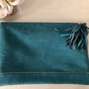 NEIMAN MARCUS Oversized Perforated Faux Suede Tassel Emerald Green Zip Clutch